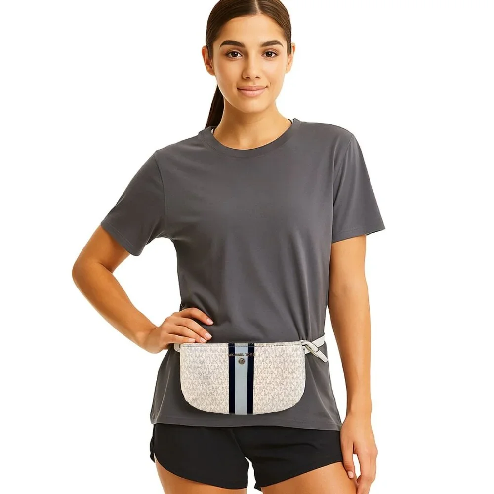 Michael Kors Monogram Belt Bag Blue Stripe Adjustable Strap Small Zip Pouch - Picture 4 of 15